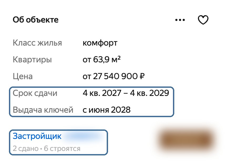 Карточка новостройки на Яндекс Недвижимости: срок сдачи, выдача ключей и сколько домов застройщик сдал и строит